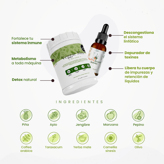 Componentes del Detox Pack: batido verde y NutraBrand By Burner