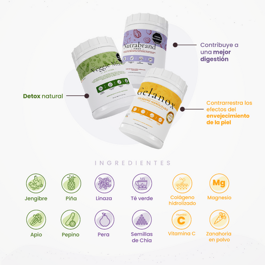 Componentes del Healthy Pack de NutraBrand: polvo de batido, fibra y colágeno hidrolizado