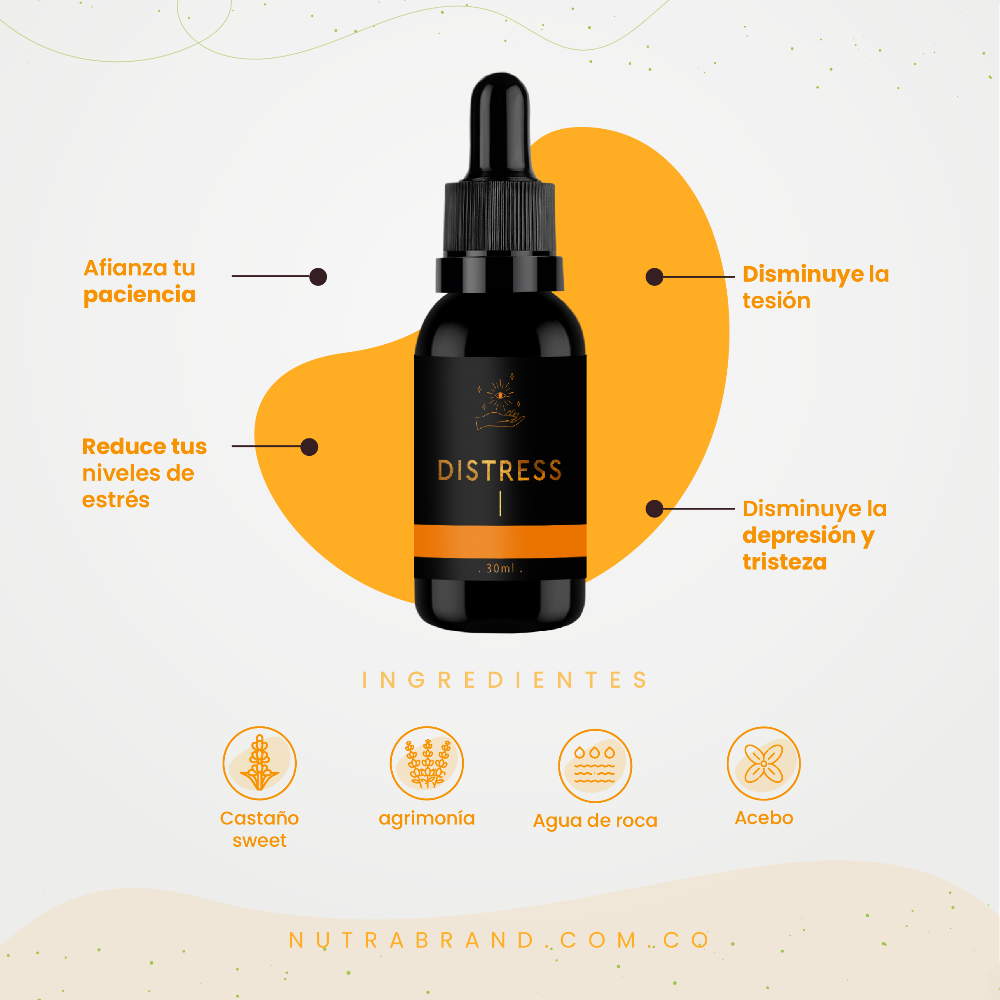 Ingredientes distress gotas de NutraBrand: Castaño sweet, agrimonia, agua de roca y acebo