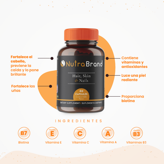 Ingredientes Hair Skin Nails NutraBrand: biotina, vitaminas A C E y minerales