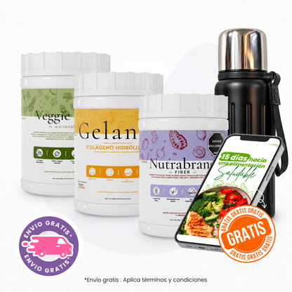 Combo Saludable (Jugo verde + Fibra + Colágeno) Regalo guia alimentaria  + Termo + HSN