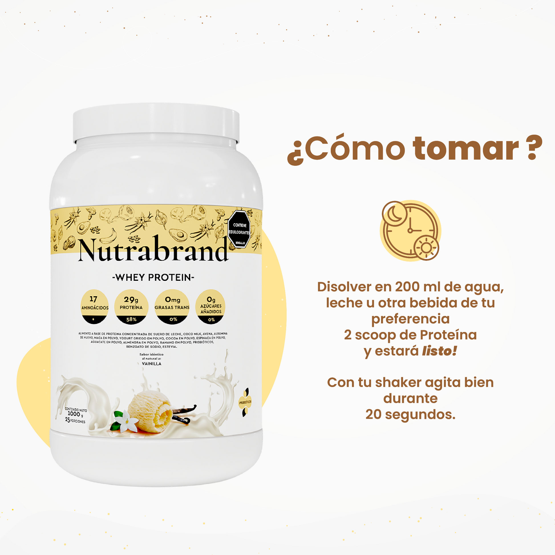 Modo de uso: disolver Whey Protein de NutraBrand en agua o bebida post entrenamiento